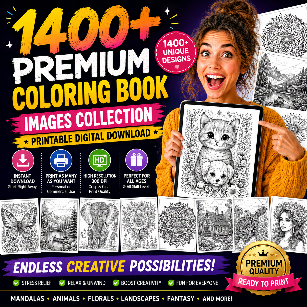 1400+ Premium Coloring Book Images Collection — Printable Digital Download